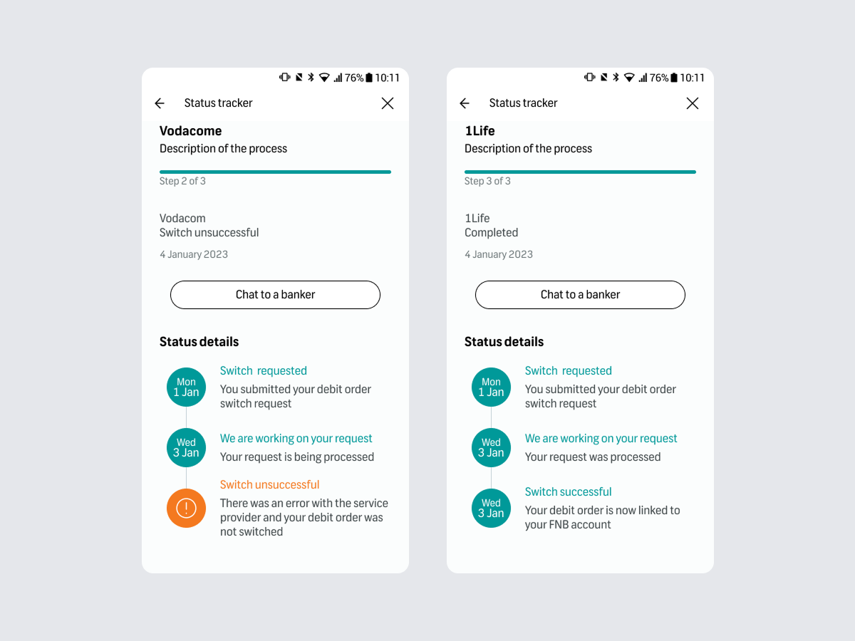 FNB switching status tracker screen