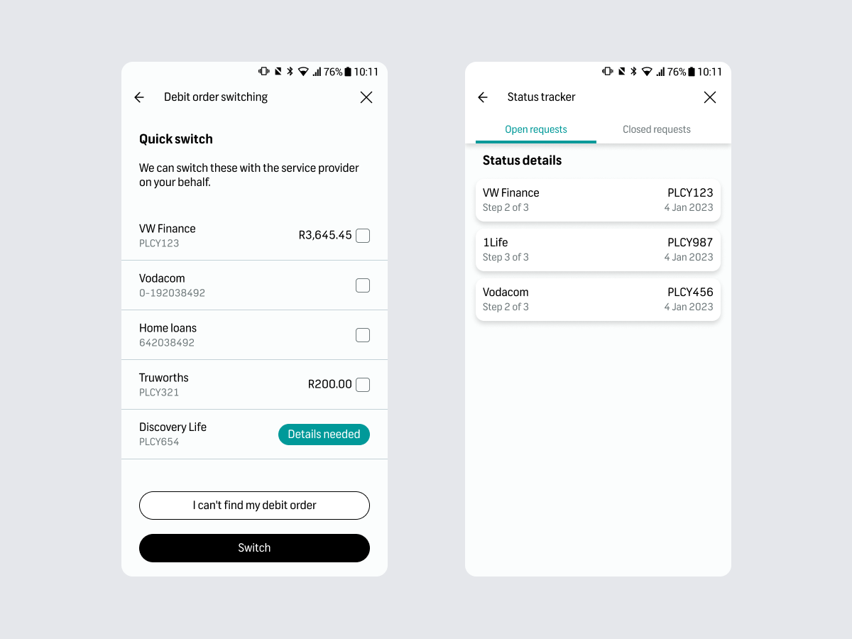 FNB switching status tracker screen